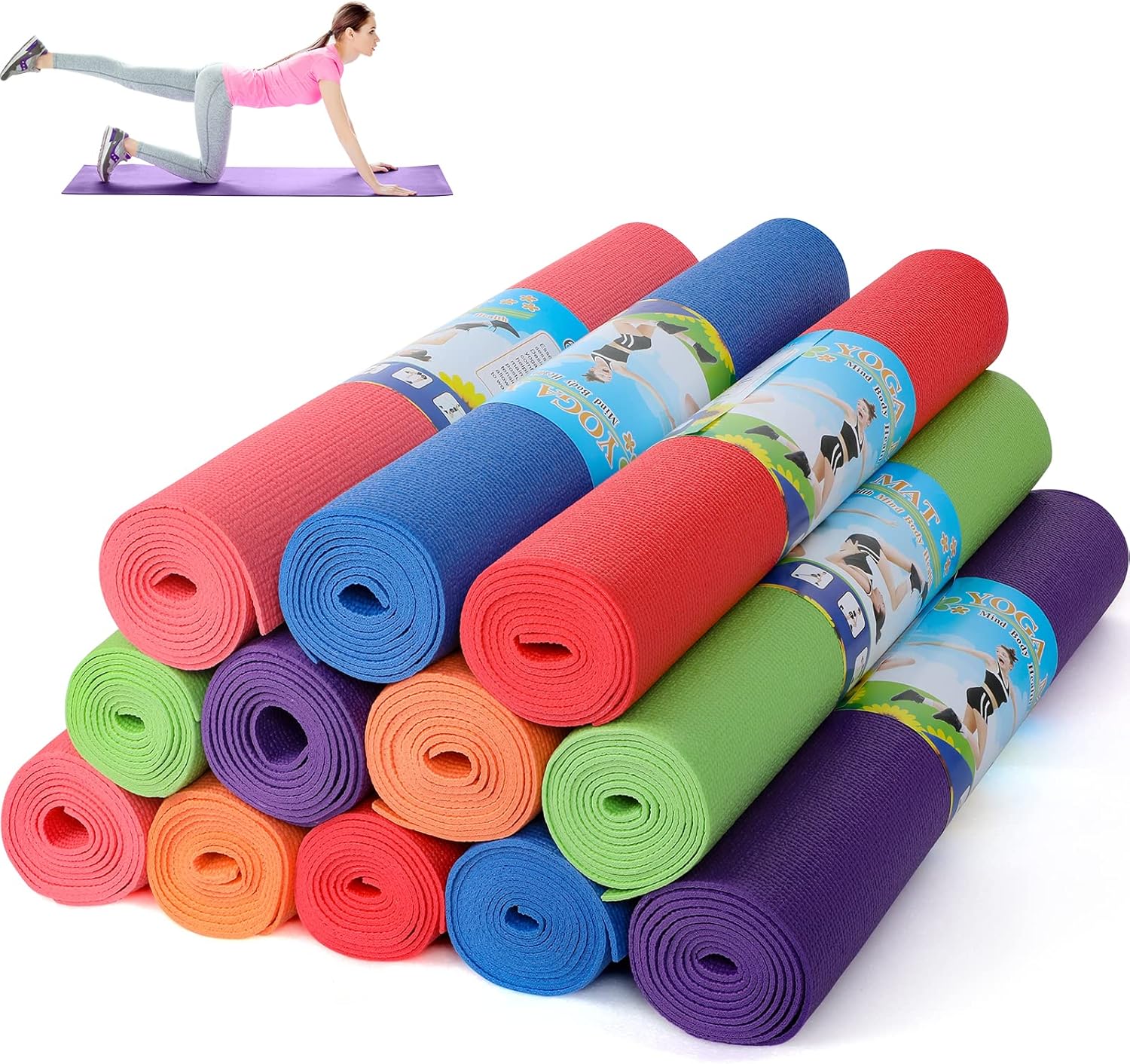 Amylove 12 Pieces Yoga Mats Bulk 68x24x0.12 Inch Exercise Non Slip Fitness Workout Mats for Women Men Home Workout Gym Yoga