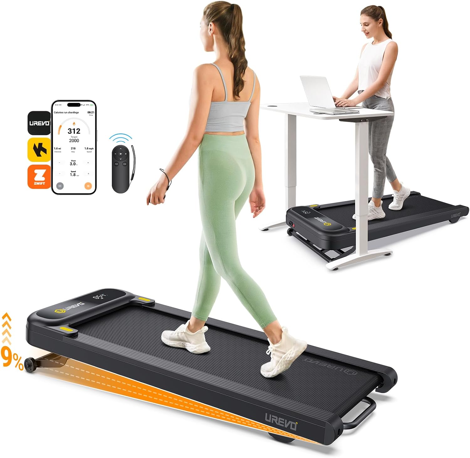Smart Treadmill with 9% Auto Incline, Hiking and Running Walking Pad Treadmills for Home Office, Treadmill with UREVO APP, AI Powered Music Course, HIIT Programs Synced to Scenic Route, One-Click Mute