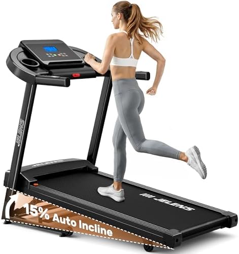 JELENS Treadmill for Home with 0-15% Auto Incline, Foldable Walking Pad Treadmill with 330LBS Weight Capacity and Pulse Sensors, 3.0HP Quiet Walking Pad with App and LCD Display (Black)