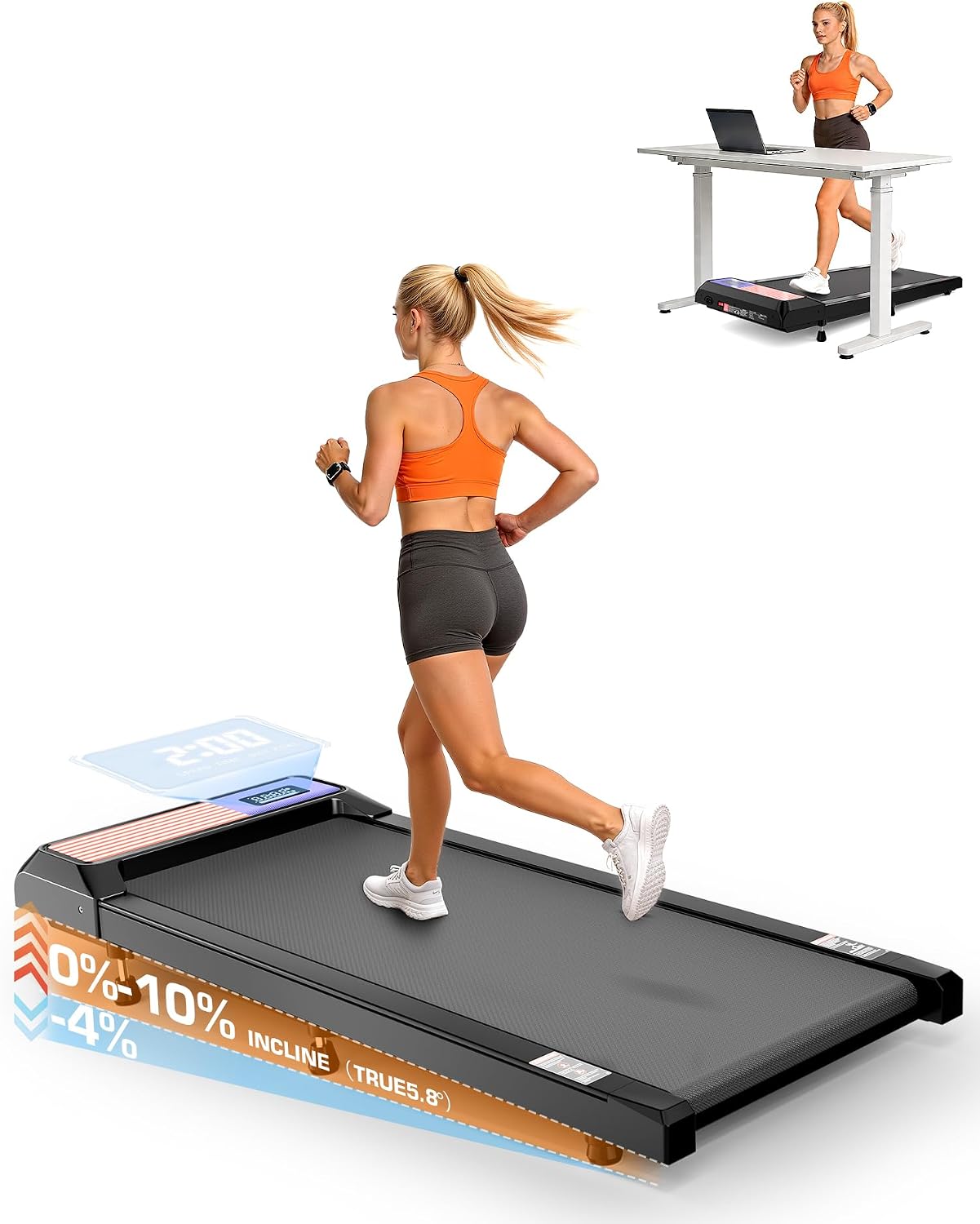 Walking Pad with Incline 10% & Decline -4%, Under Desk Treadmill for Office, Portable Treadmills, Compact Treadmill for Small Space