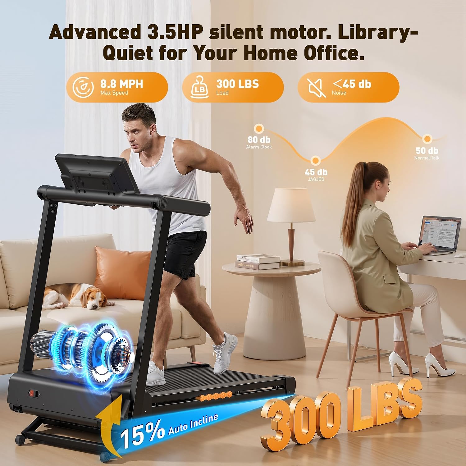 JAGJOG Foldable Treadmill, 15% Auto Incline, 300 lb, 8.8MPH, Heart Rate