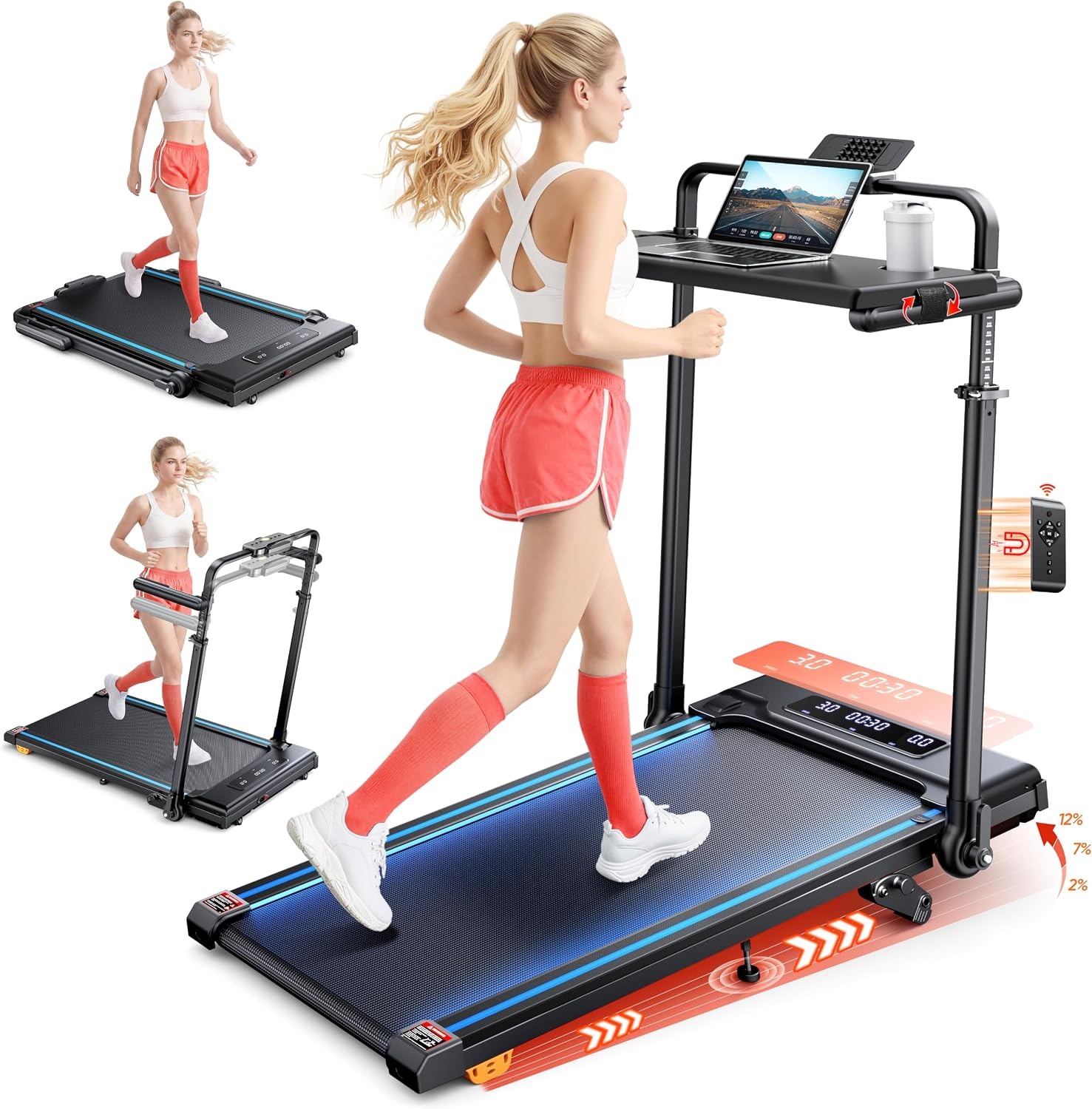 Walking Pad Treadmill with Incline 2%-7%-12%, 2.75-3.0HP Foldable Desk Treadmill for Home with LED Display, Remote&APP Control, Max 330LBS Capacity